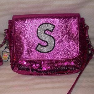 Justice “S” Monogram Fuchsia Pink Sequin Purse Bag with Emoji Charms